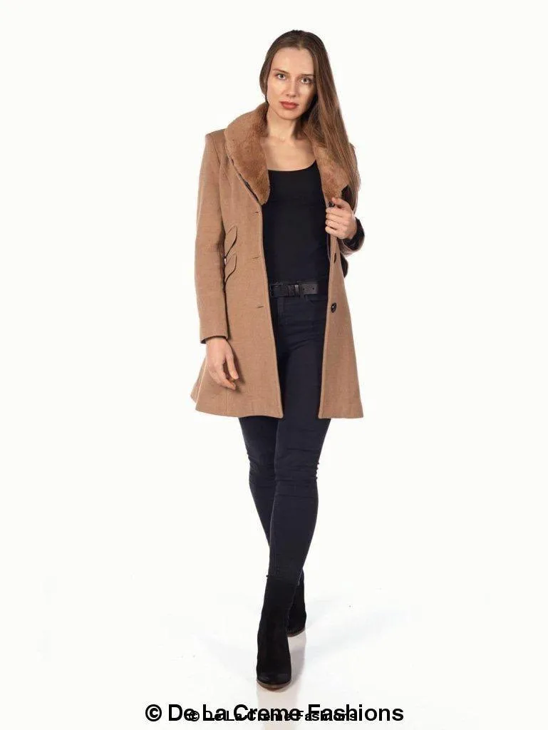 Wool Blend Faux Fur Collar Midi Coat