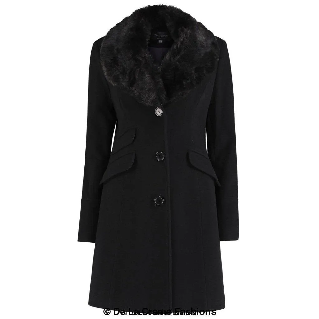 Wool Blend Faux Fur Collar Midi Coat